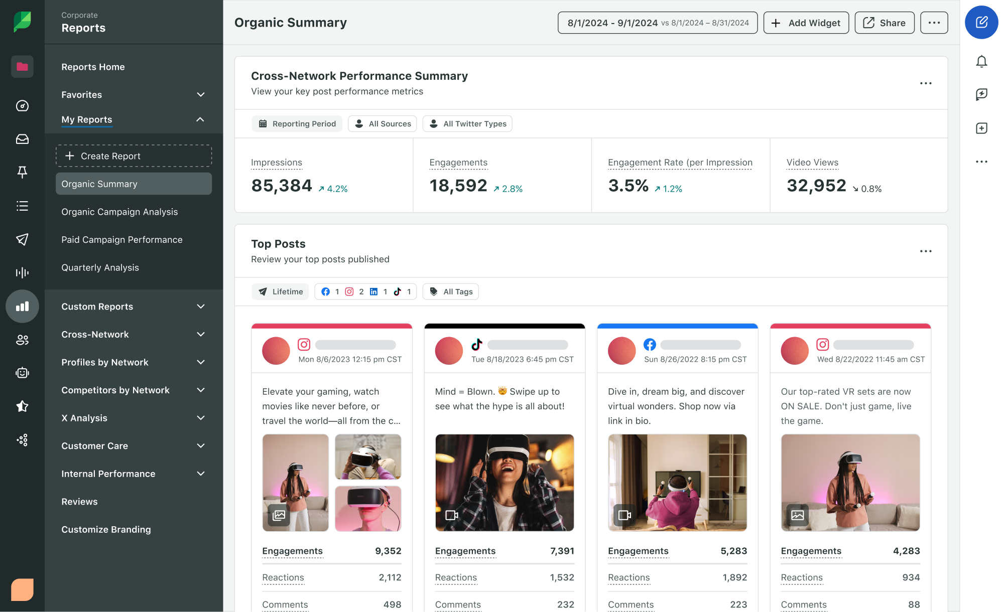 Ejemplo de un análisis de campaña mensual que muestra un resumen de rendimiento entre redes para Facebook, TikTok e Instagram.