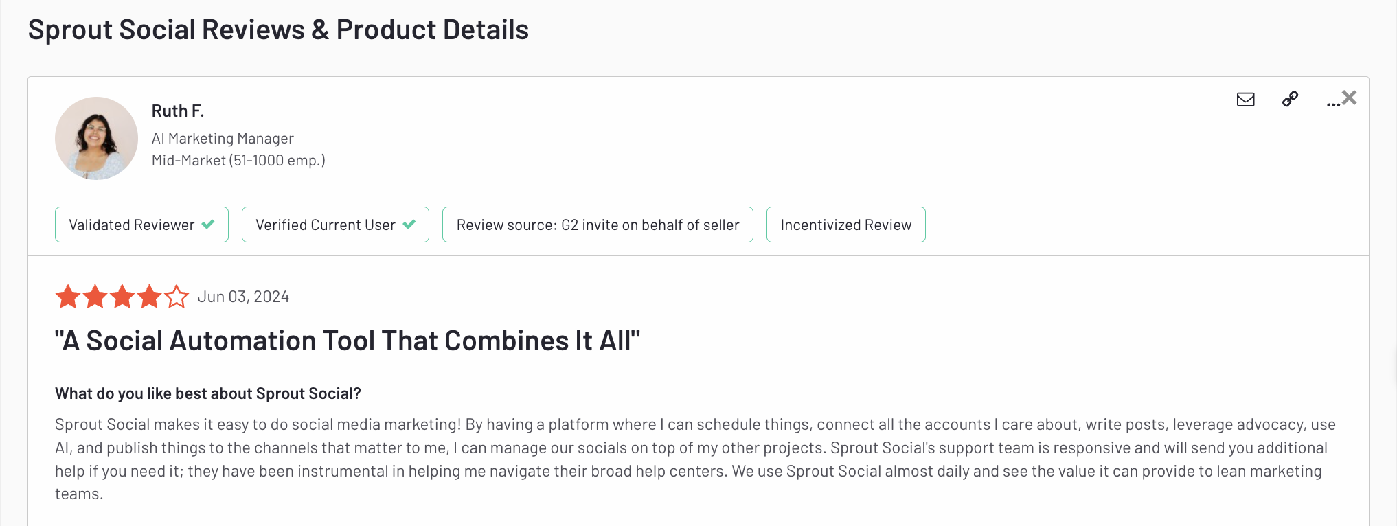 A review on G2's website praising Sprout Social for its social media marketing automation functionality. 