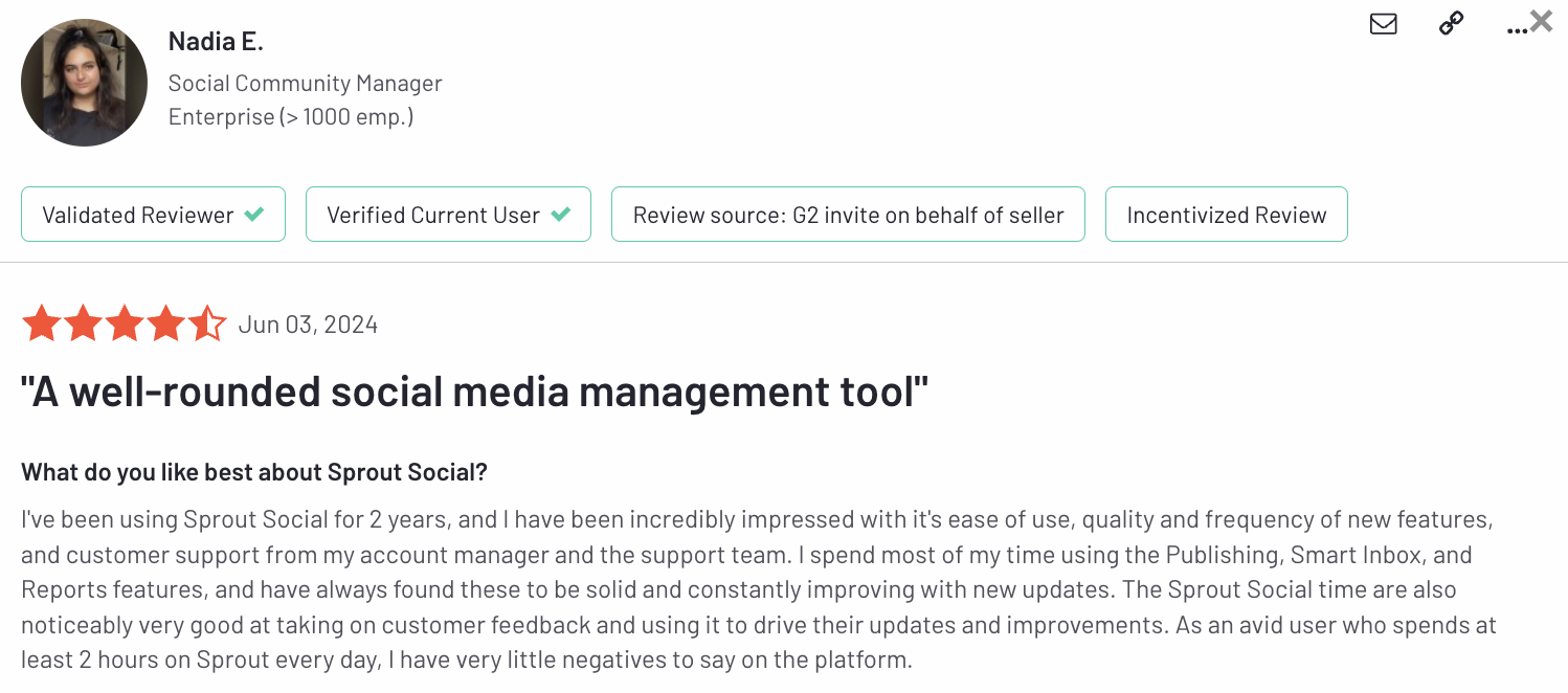 A review on G2's website praising Sprout Social. They say the platform is a well-rounded social media management tool.