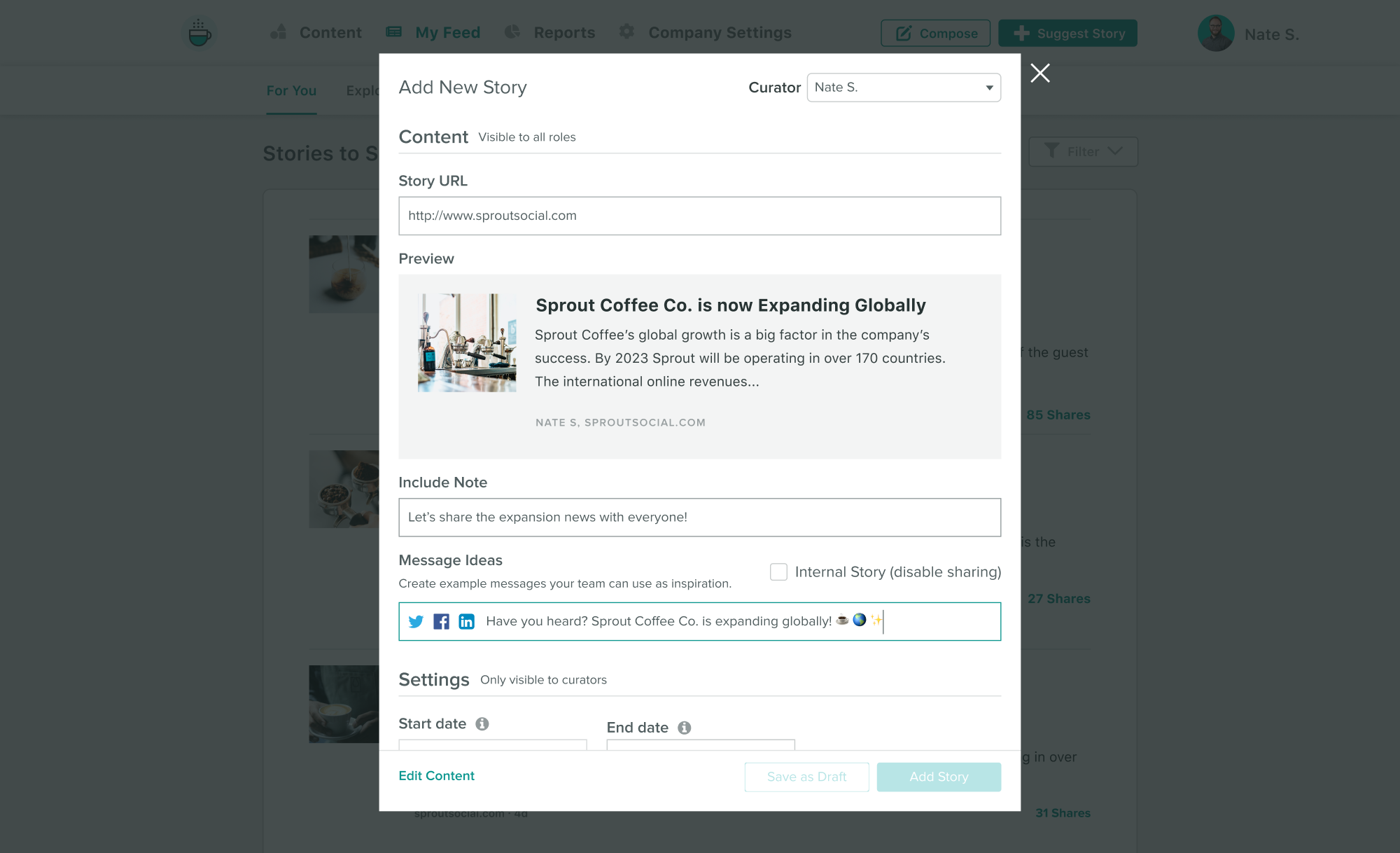 A preview of Sprout Social's Employee Advocacy solution where you can curate social media posts for internal employees to share across networks.