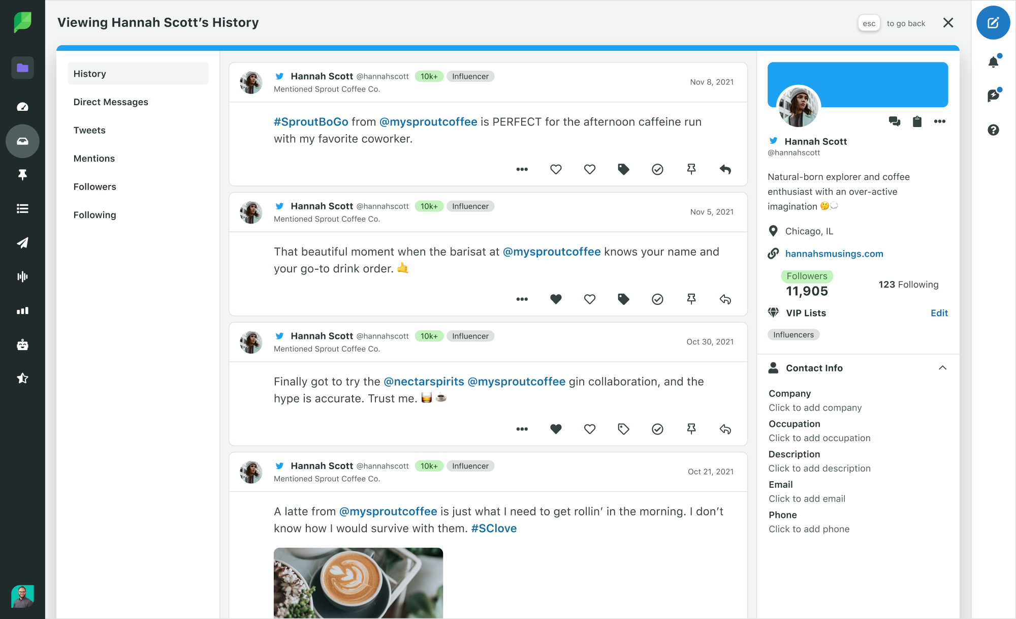 Obtén más contexto para las conversaciones en redes sociales con las Vistas del perfil de contacto de Sprout, en las que puedes ver y agregar información de contacto personalizada, notas internas y el historial completo de conversaciones.