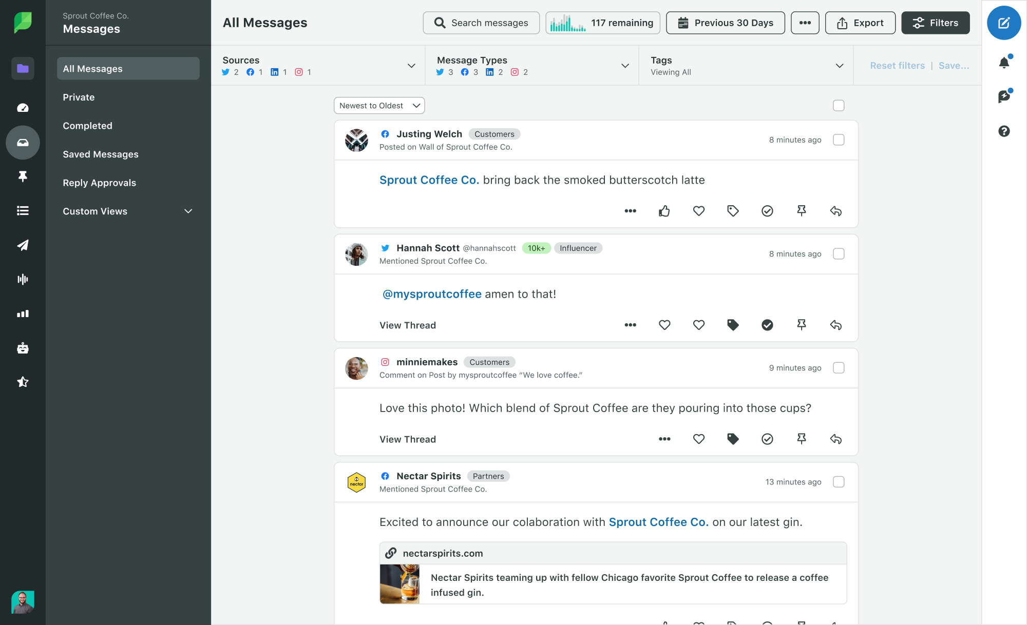 Optimiza tu flujo de trabajo de participación con las Vistas de la bandeja de entrada de Sprout, que te permiten crear y guardar tus propios grupos de filtros personalizados en la Entrada inteligente.