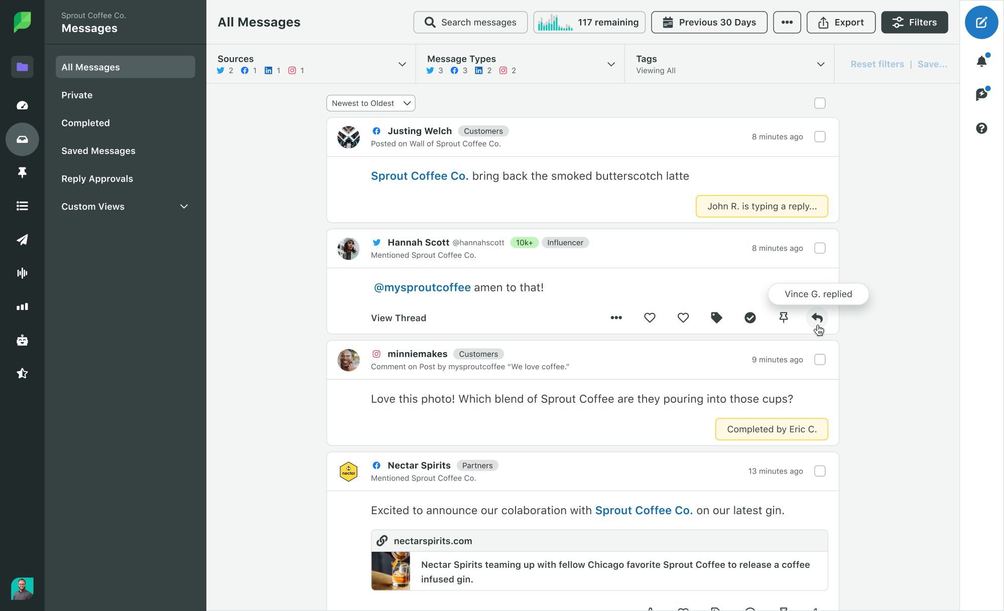 Las notificaciones de detección de colisiones en la Entrada inteligente de Sprout ayudan a tu equipo y a ti a evitar el envío de respuestas duplicadas o contradictorias al mismo mensaje.