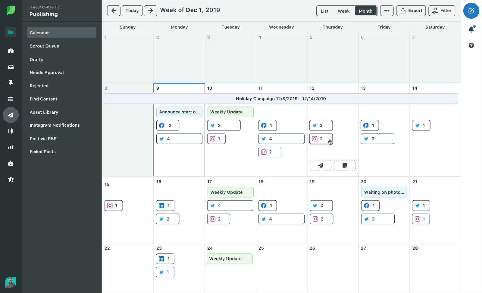 Imagen de producto de Sprout Social de la vista mensual del calendario de publicación