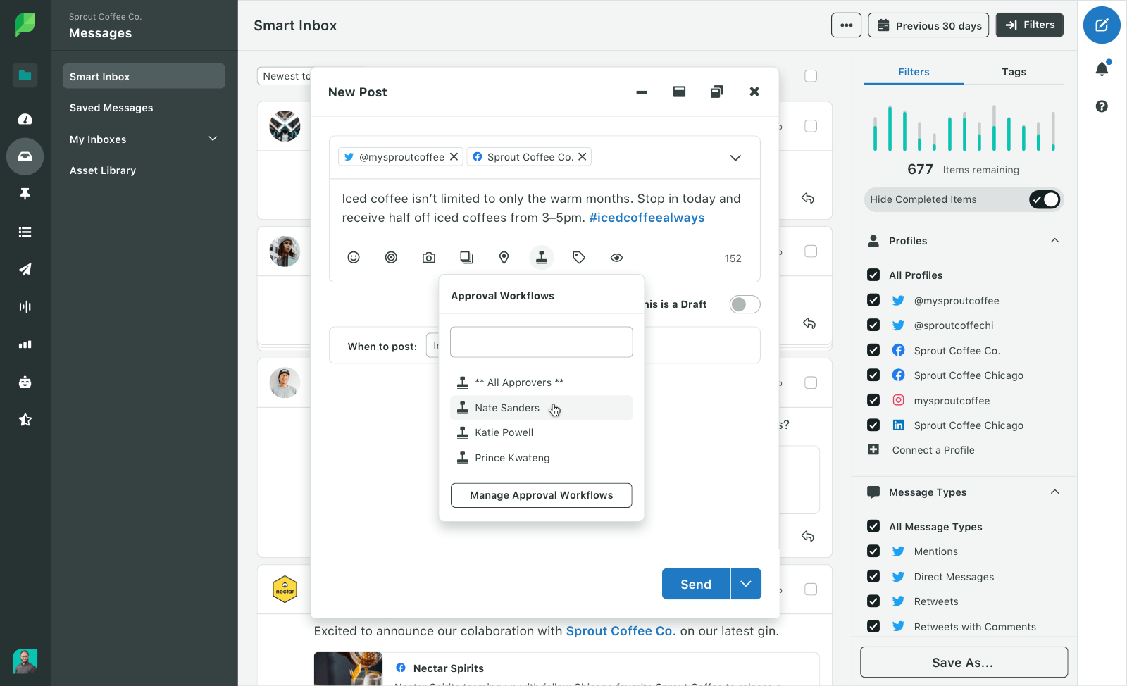 Captura de pantalla del producto de los flujos de trabajo de aprobación avanzados de Sprout disponibles en el editor de Redactar.