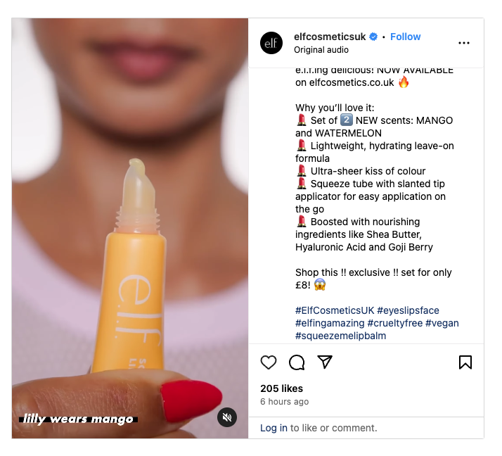 e.l.f. cosmetics Instagram post with a video featuring their latest lip gloss release