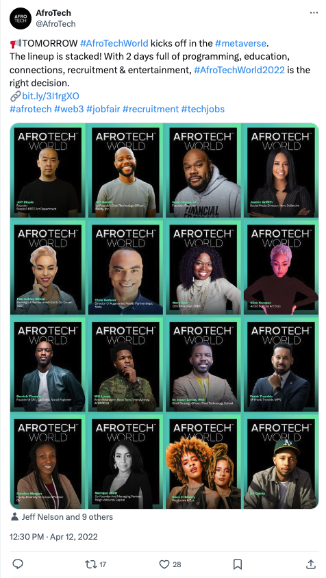 AfroTech Tweet with several event hashtags including #AfroTechWorld and #AfroTechWorld2022.