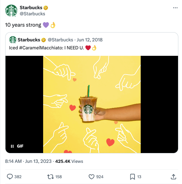Starbucks X post celebrating one of their most popular drinks