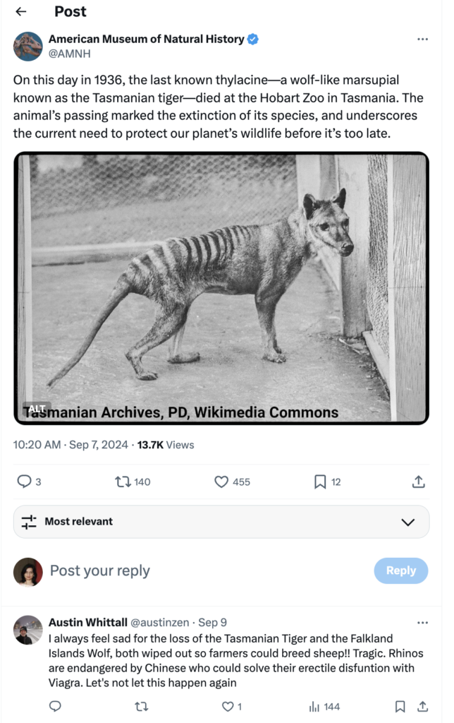 An X post from the American Museum of Natural History talking about the last known thylacine, a wolf-like marsupial that went extinct circa 1936.