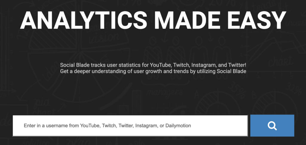 Social blade's web page with a search bar that helps you search follower counts, engagement rates and content performance across networks such as YouTube, Instagram and X.