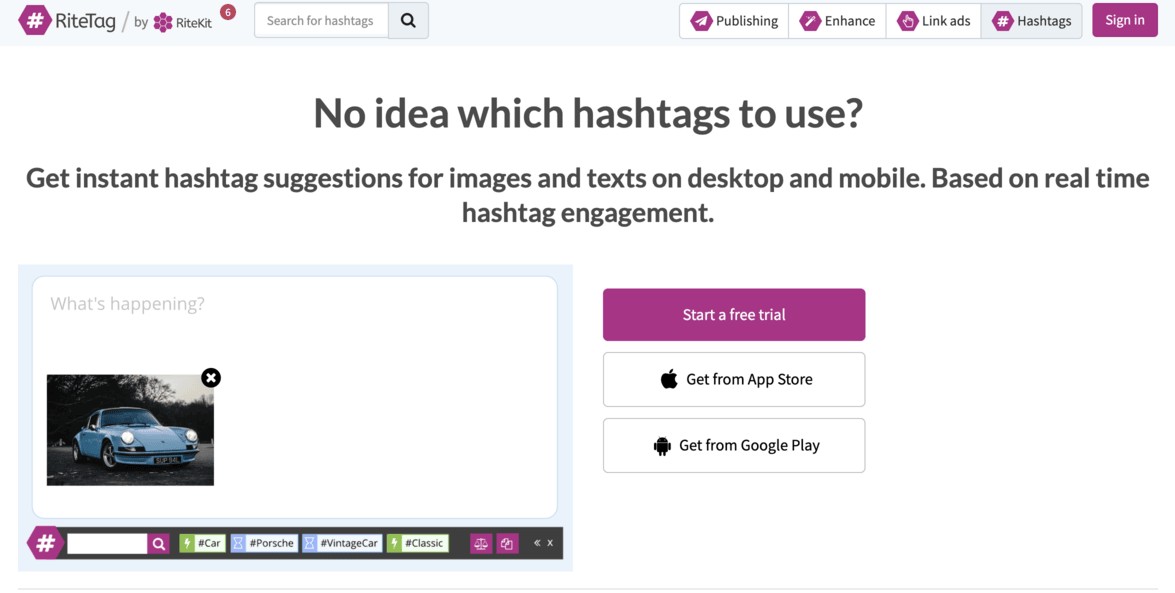 Screenshot of RiteTag's hashtag research tool.