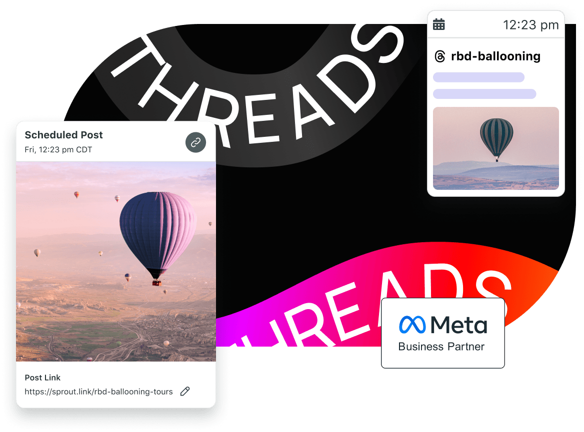 Threads – Meta Business Partner, mit einer Collage der Threads-Terminierung in Sprout Social.