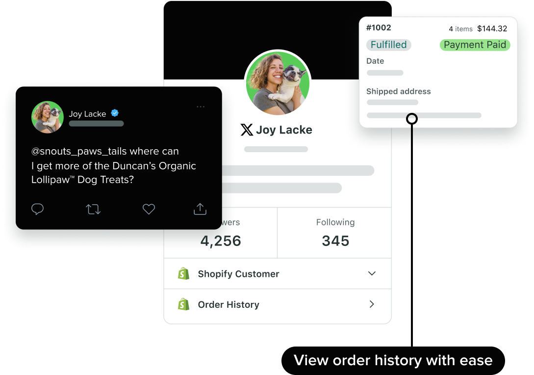 Sprout Social UI showing the order details of a ‘Snouts, Paws, and Tails’ customer who mentioned the company on X (formerly Twitter.)